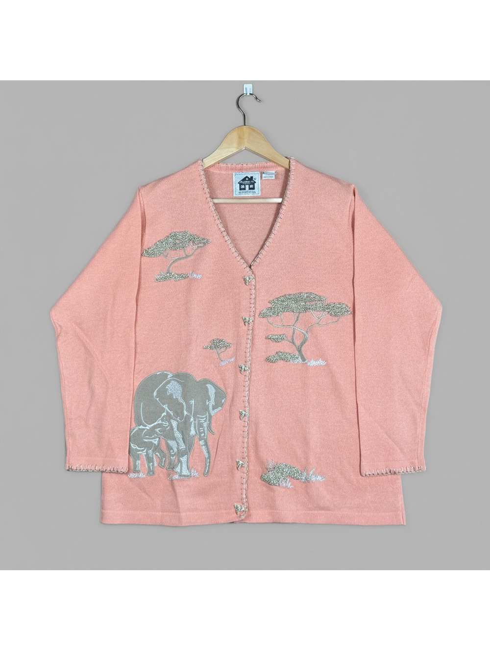 Vintage Storybook Knits Peach Elephant Safari Embroidered Cardigan Sweater 1X